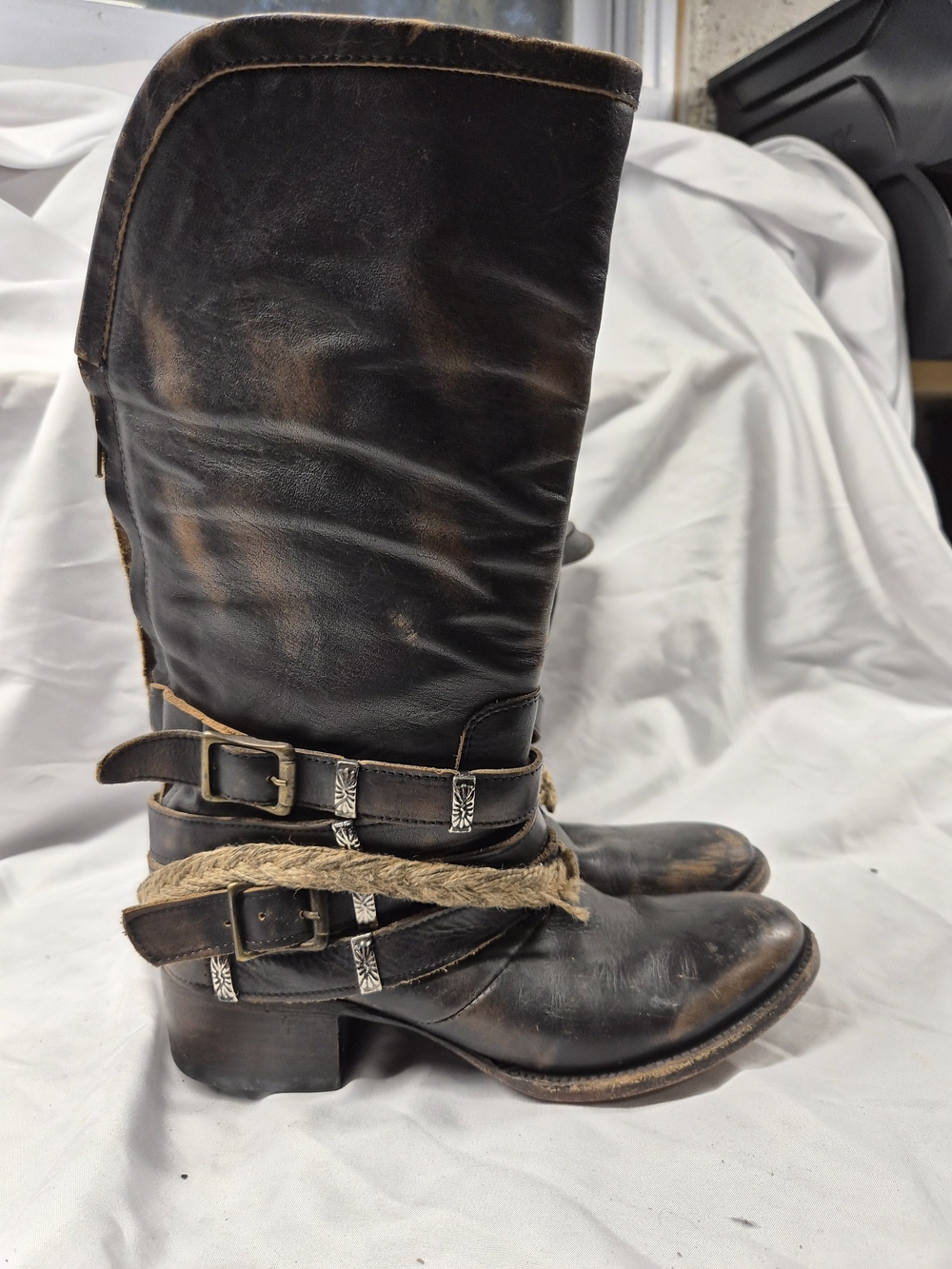Women's Freebird Distressed Brown Leather Mid-Calf Buckle Boots